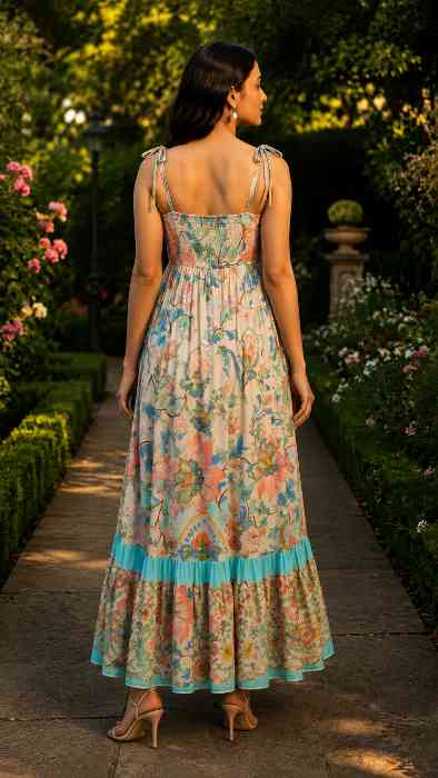 Pink Paprika by Sassafras Women’s Floral Strappy Tie-Up Maxi – Boho Fusion Resort Summer Cotton Casual Wear Dress Back